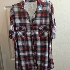 Stylish Plaid Button Down Shirt With Lace Neckline Size 3X